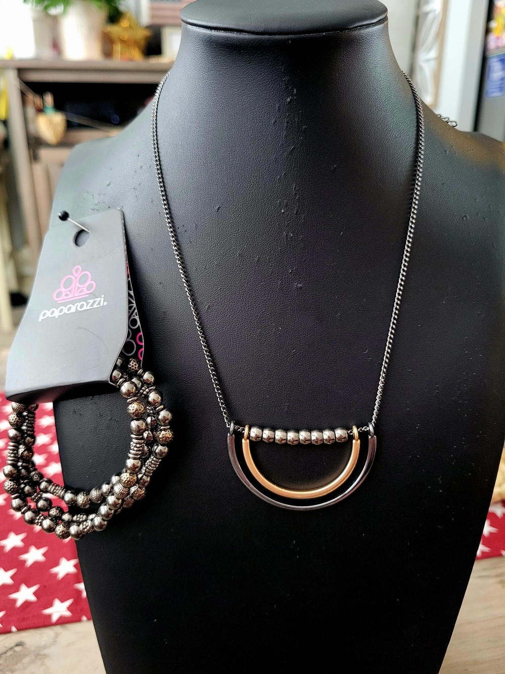 Paparazzi Two-Tone Gold and Gunmetal Arc Pendant Necklace With Bracelet